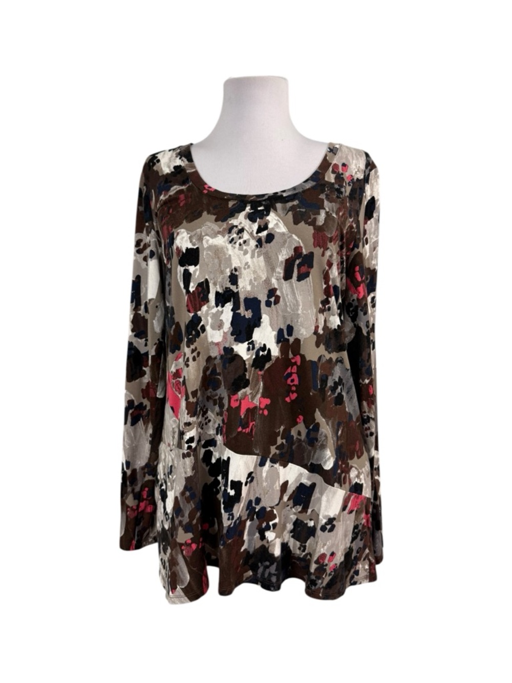 LOGO Lori Goldstein Medium Tunic Pullover Pockets Brown Pink Long Sleeves